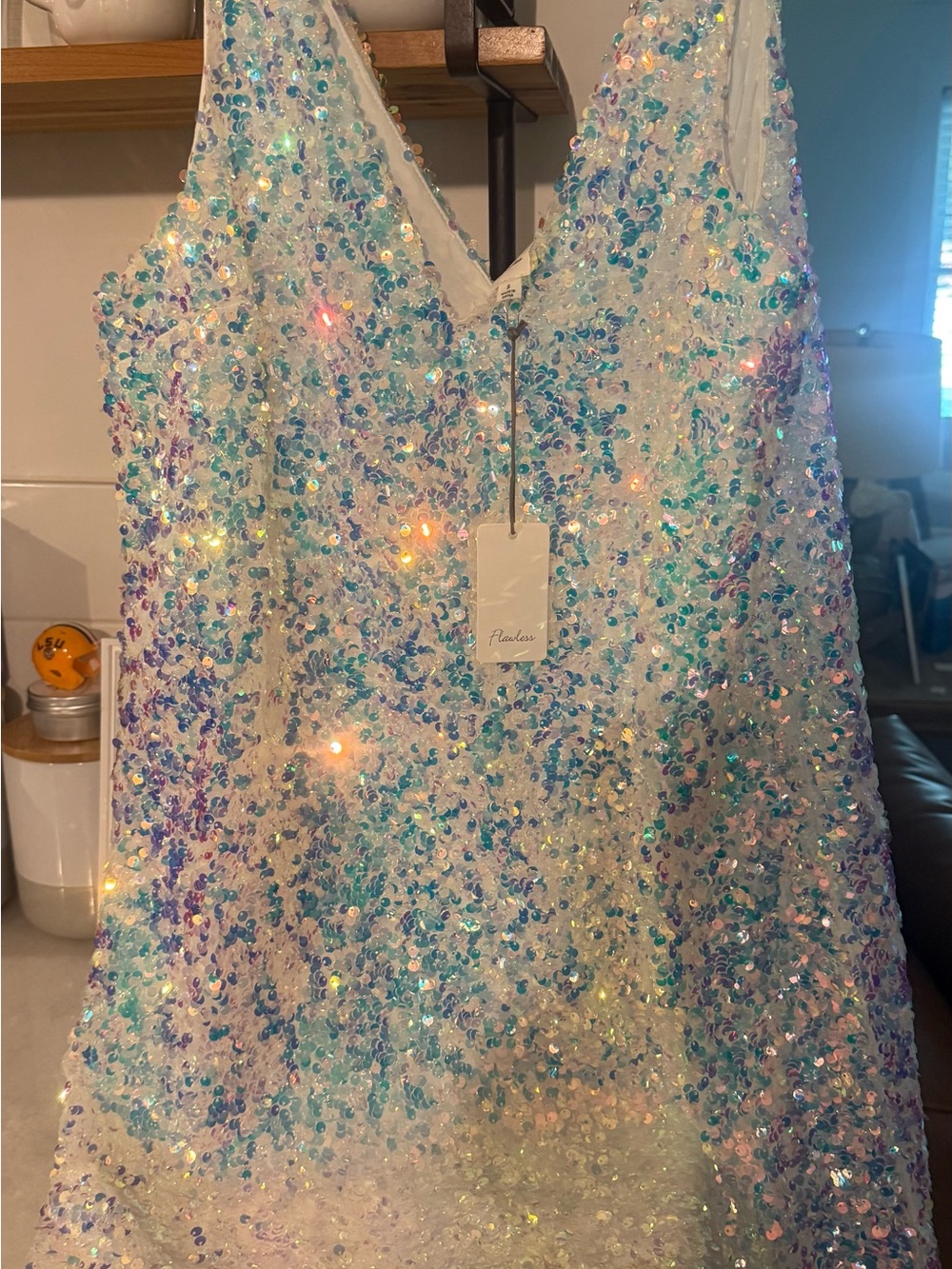 Sequin V-Neck Midi Dress in Iridescent White